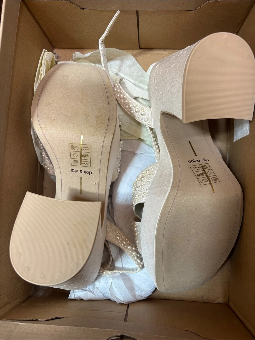 Dolce Vita Pearl-Embellished Cream Slingback Sandals